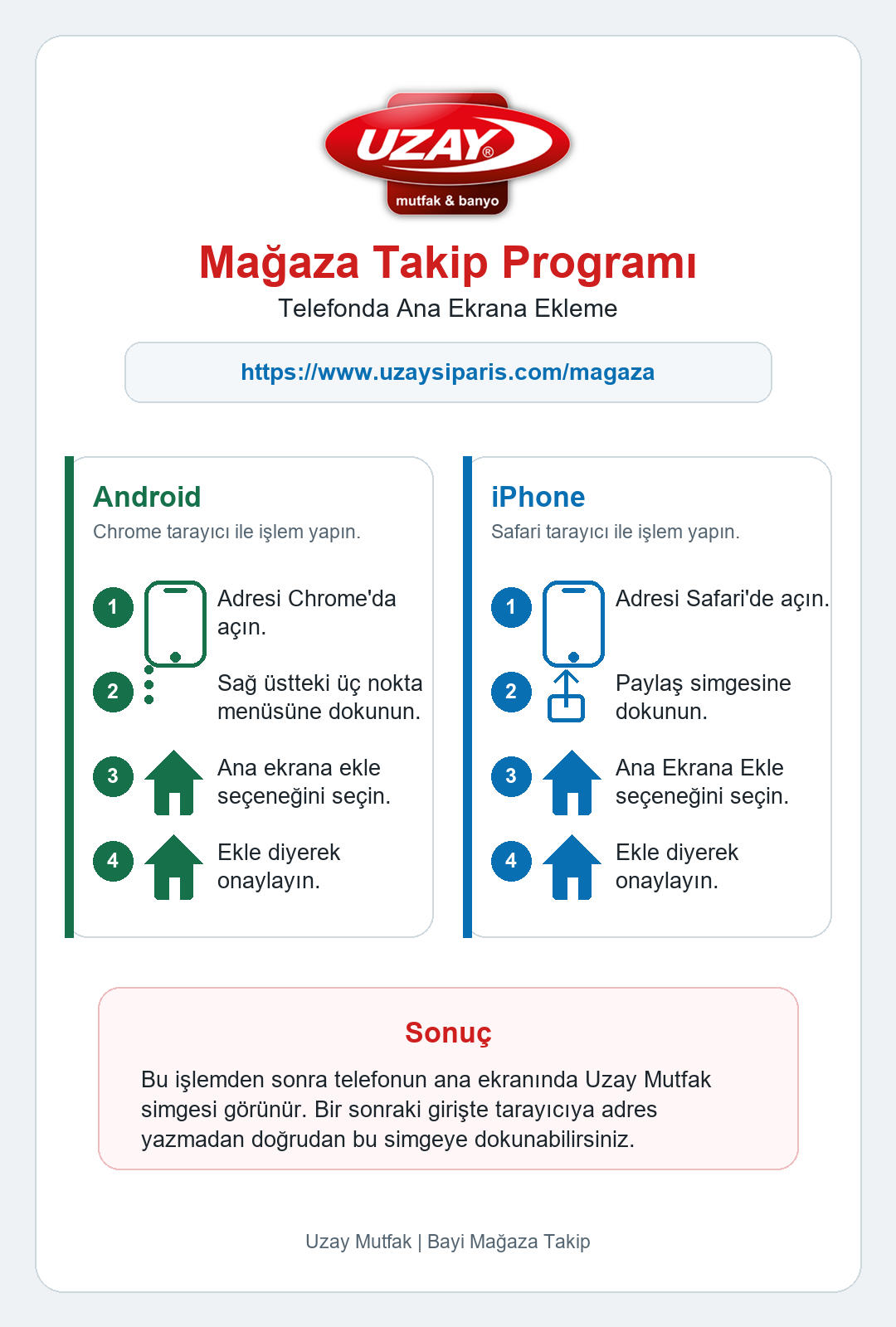 Mağaza Takip telefon ana ekrana ekleme kılavuzu